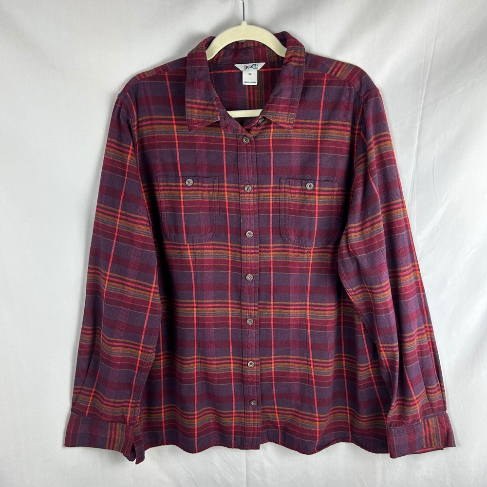 Duluth Trading Co Womens XL Plaid Flannel Free Swingin Shirt Burgundy Red Button - Picture 2 of 7